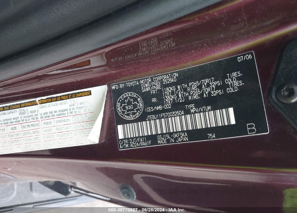 2007 TOYOTA FJ CRUISER VIN: JTEBU11F570032504