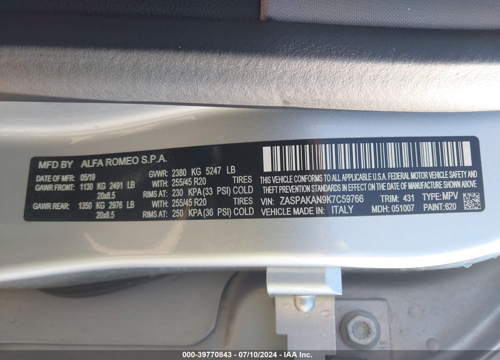 2019 ALFA ROMEO STELVIO AWD VIN: ZASPAKAN9K7C59766