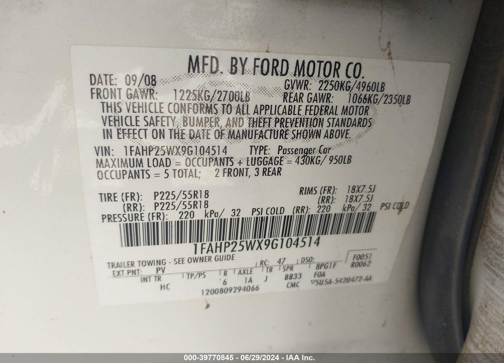 2009 FORD TAURUS LIMITED VIN: 1FAHP25WX9G104514