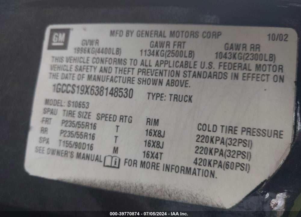2003 CHEVROLET S-10 LS VIN: 1GCCS19X638148530