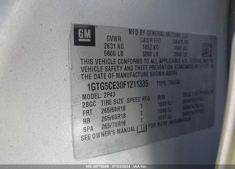2015 GMC CANYON SLT VIN: 1GTG5CE30F1211335
