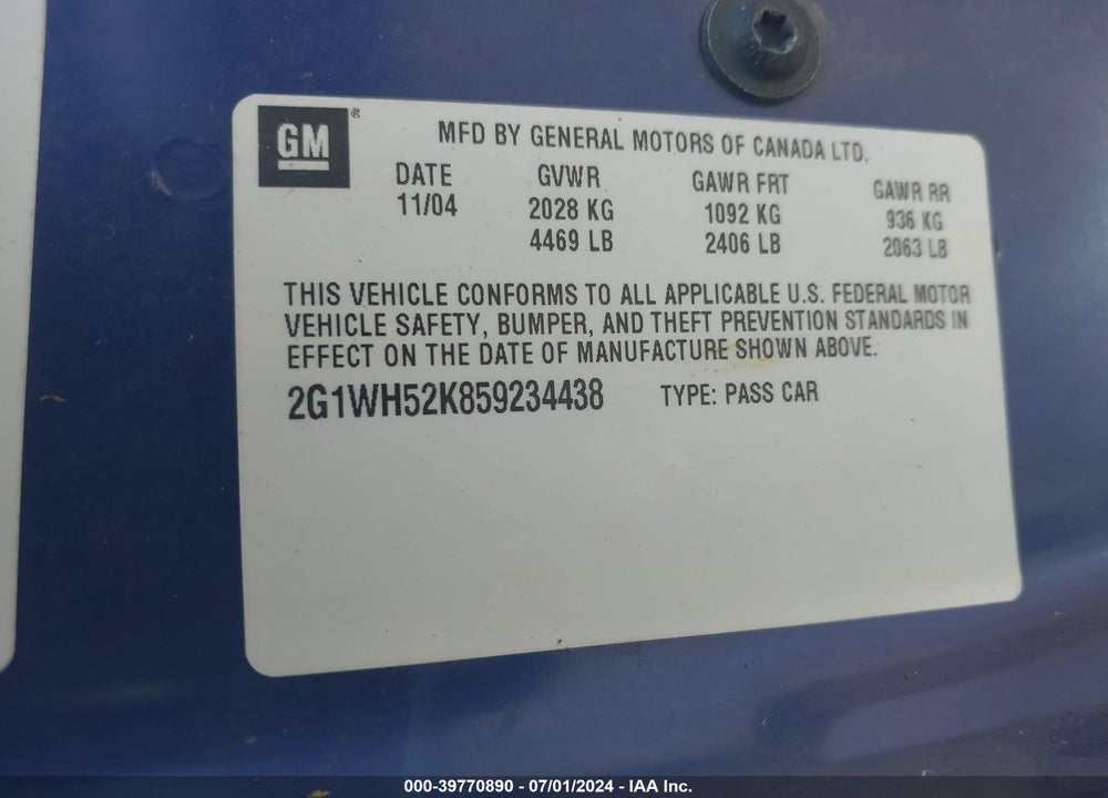 2005 CHEVROLET IMPALA LS VIN: 2G1WH52K859234438