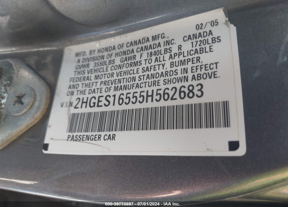 2005 HONDA CIVIC LX VIN: 2HGES16555H562683