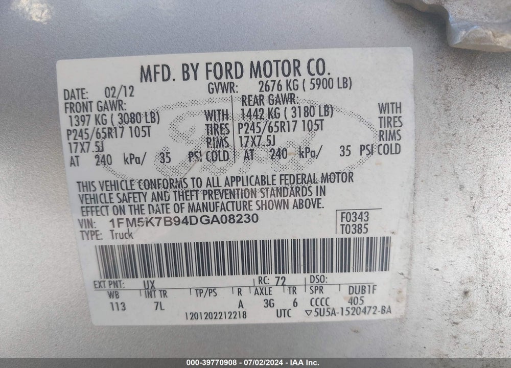 2013 FORD EXPLORER VIN: 1FM5K7B94DGA08230