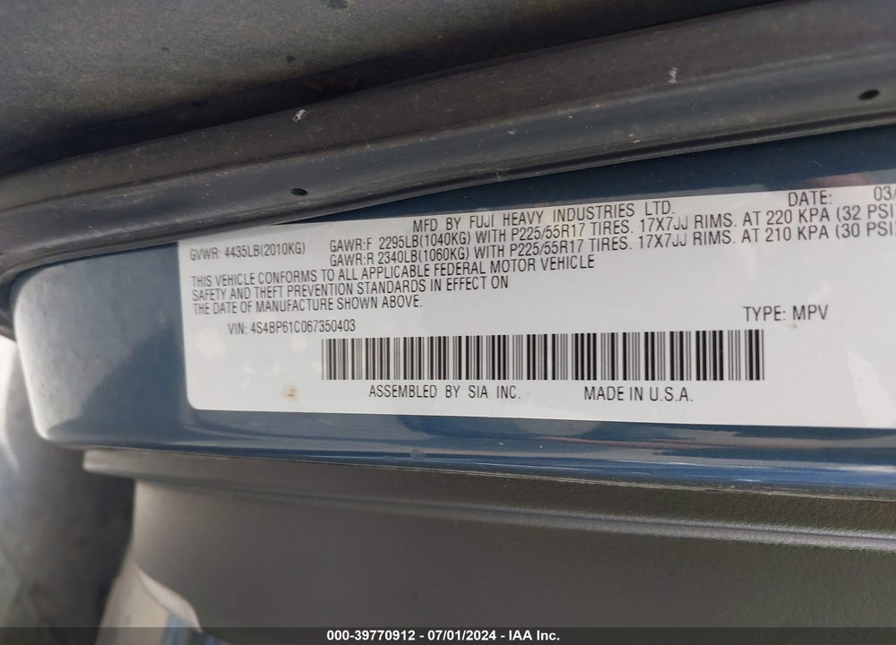 2006 SUBARU OUTBACK 2.5I VIN: 4S4BP61C067350403