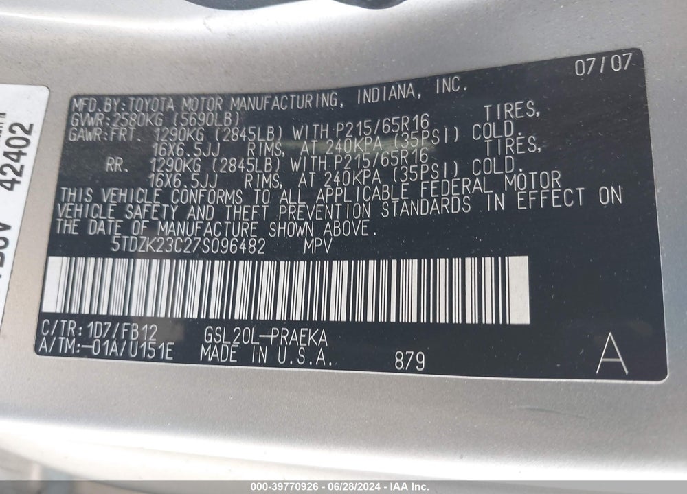 2007 TOYOTA SIENNA CE VIN: 5TDZK23C27S096482