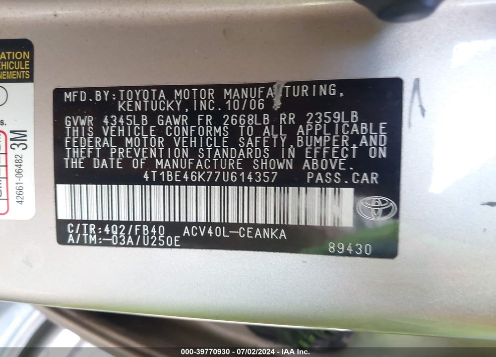 2007 TOYOTA CAMRY LE VIN: 4T1BE46K77U614357