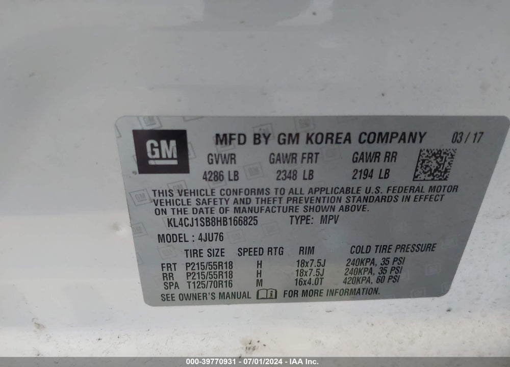 2017 BUICK ENCORE SPORT TOURING VIN: KL4CJ1SB8HB166825
