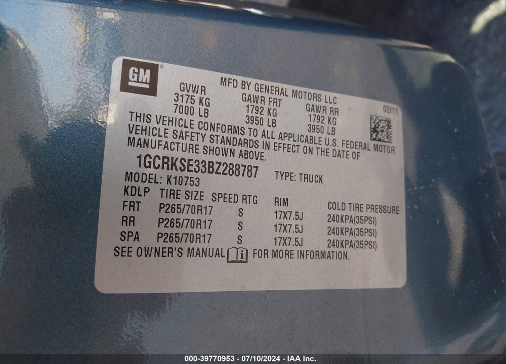 2011 CHEVROLET SILVERADO 1500 LT VIN: 1GCRKSE33BZ288787