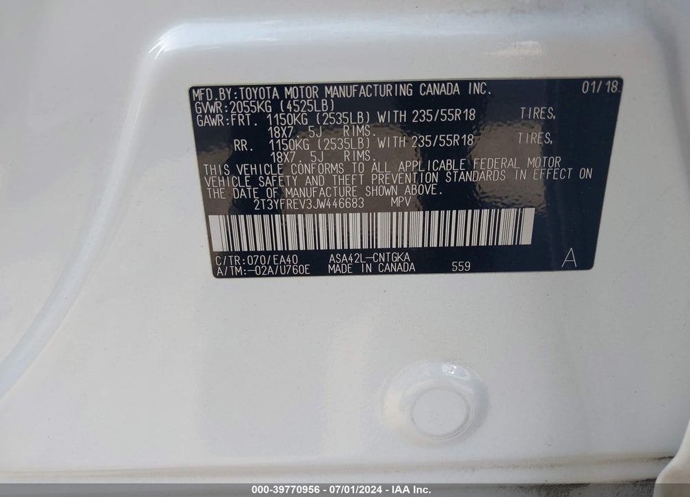 2018 TOYOTA RAV4 LIMITED VIN: 2T3YFREV3JW446683