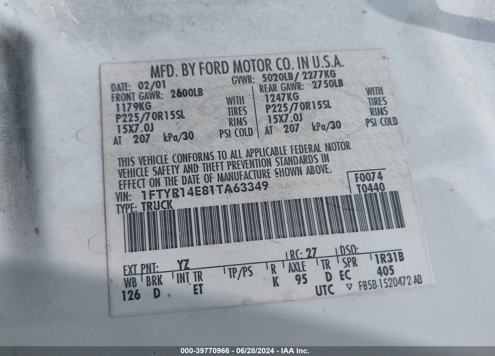 2001 FORD RANGER EDGE/XLT VIN: 1FTYR14E81TA63349
