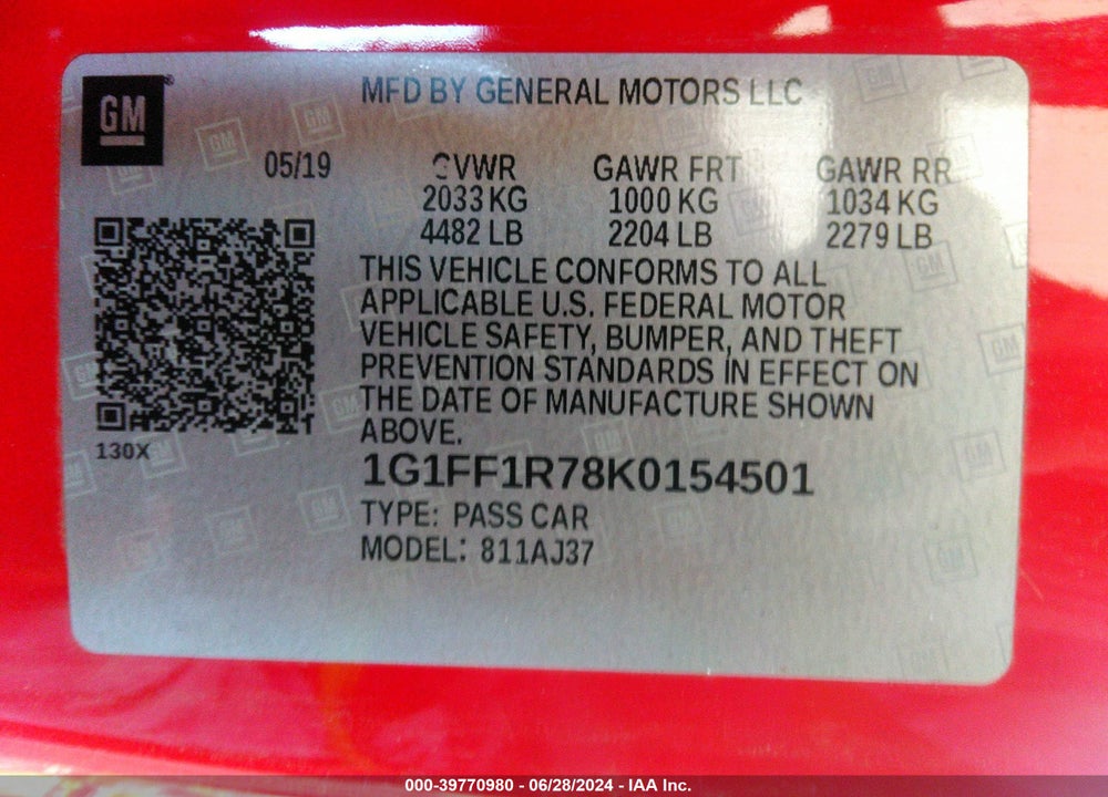 2019 CHEVROLET CAMARO 1SS VIN: 1G1FF1R78K0154501