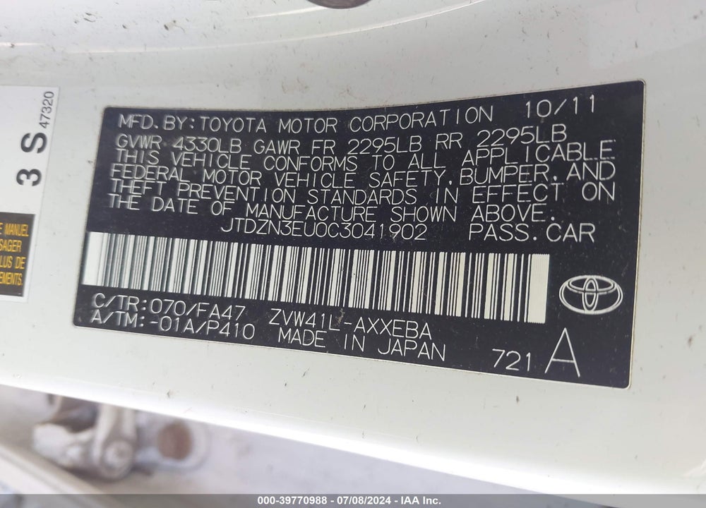 2012 TOYOTA PRIUS V TWO VIN: JTDZN3EU0C3041902