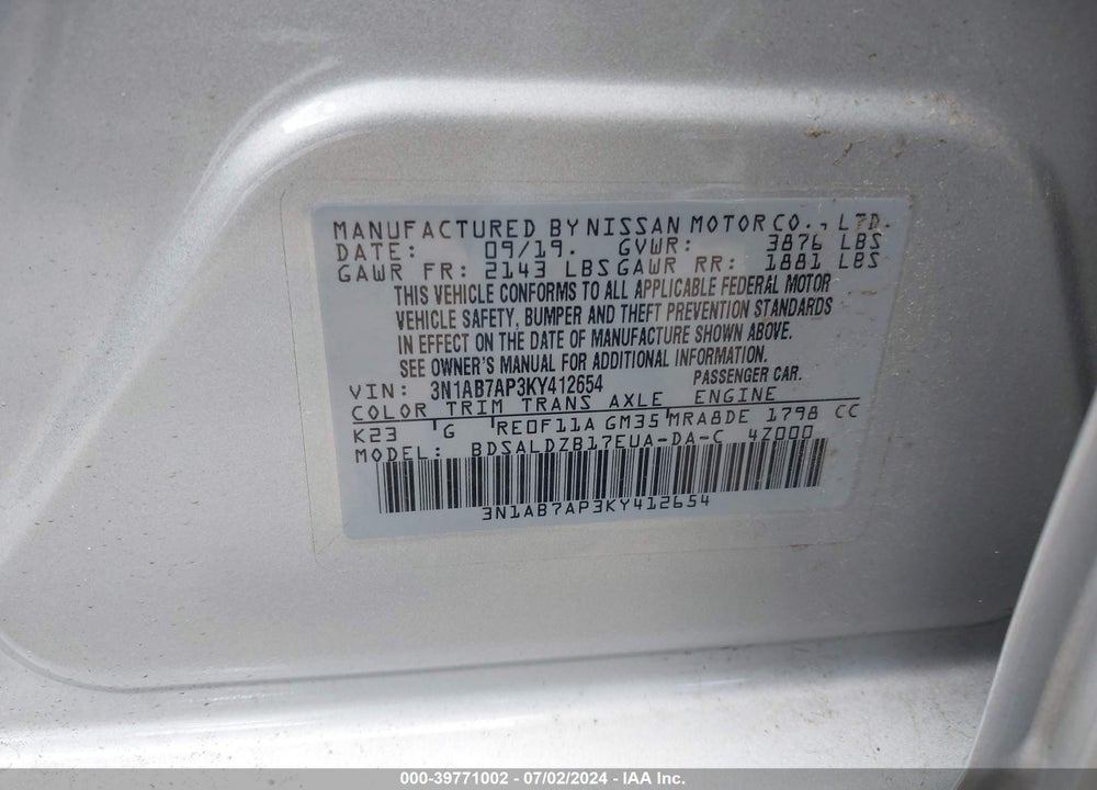2019 NISSAN SENTRA SV VIN: 3N1AB7AP3KY412654