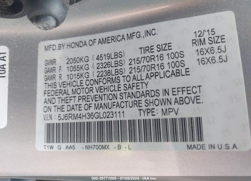 2016 HONDA CR-V LX VIN: 5J6RM4H36GL023111