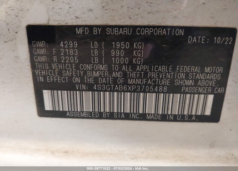 2023 SUBARU IMPREZA BASE 5-DOOR VIN: 4S3GTAB6XP3705488