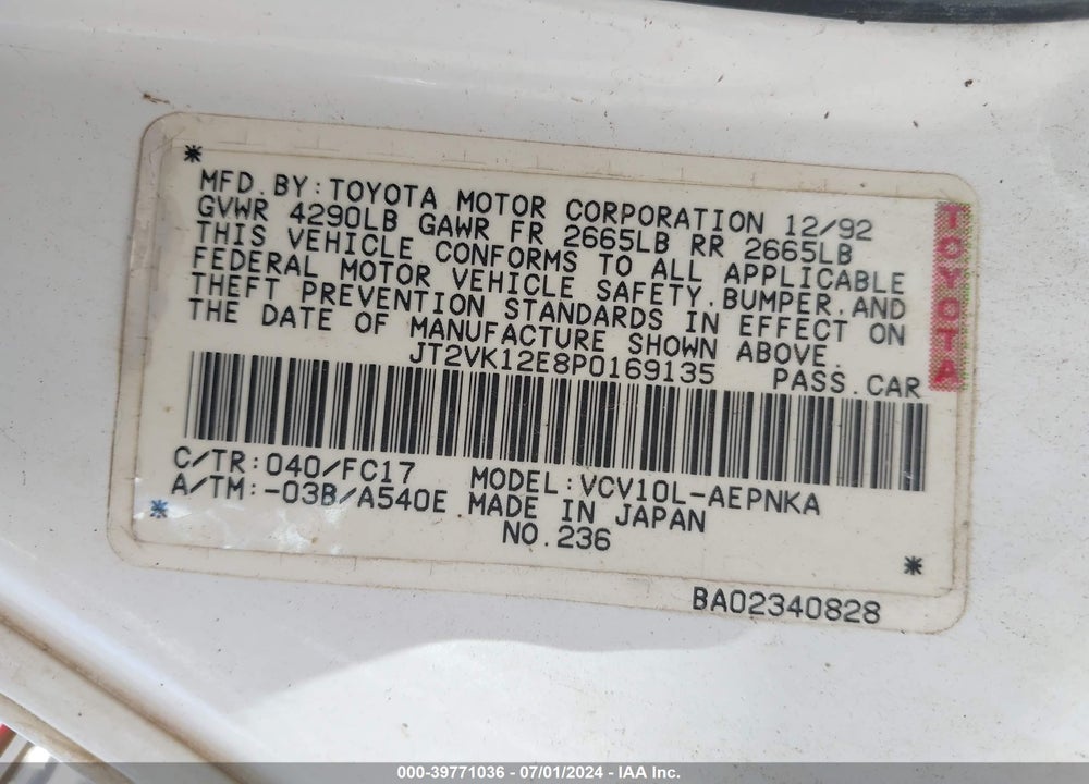 1993 TOYOTA CAMRY LE VIN: JT2VK12E8P0169135