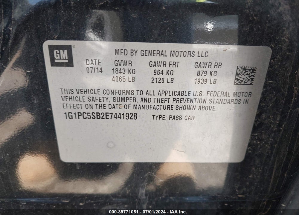 2014 CHEVROLET CRUZE 1LT AUTO VIN: 1G1PC5SB2E7441928