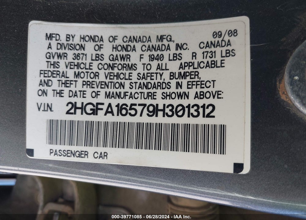 2009 HONDA CIVIC LX VIN: 2HGFA16579H301312