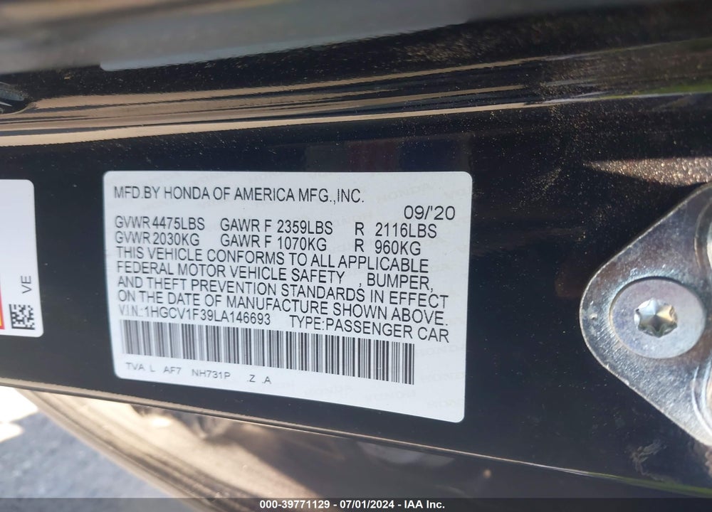 2020 HONDA ACCORD SPORT VIN: 1HGCV1F39LA146693