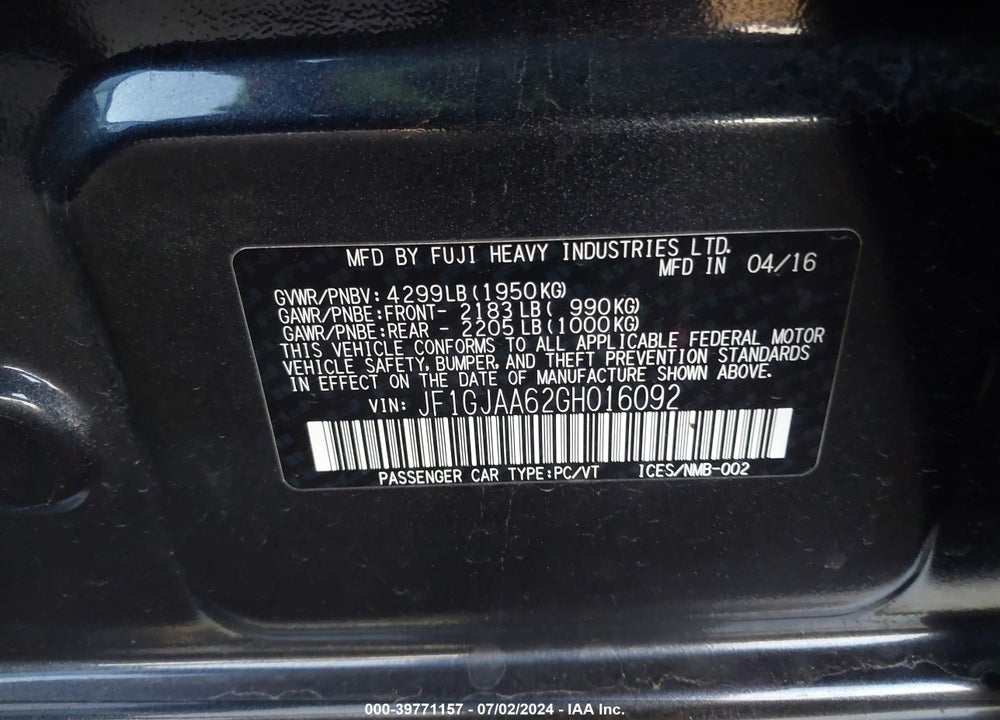 2016 SUBARU IMPREZA 2.0I VIN: JF1GJAA62GH016092