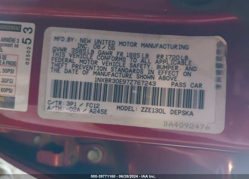 2007 TOYOTA COROLLA S VIN: 1NXBR30E97Z767243