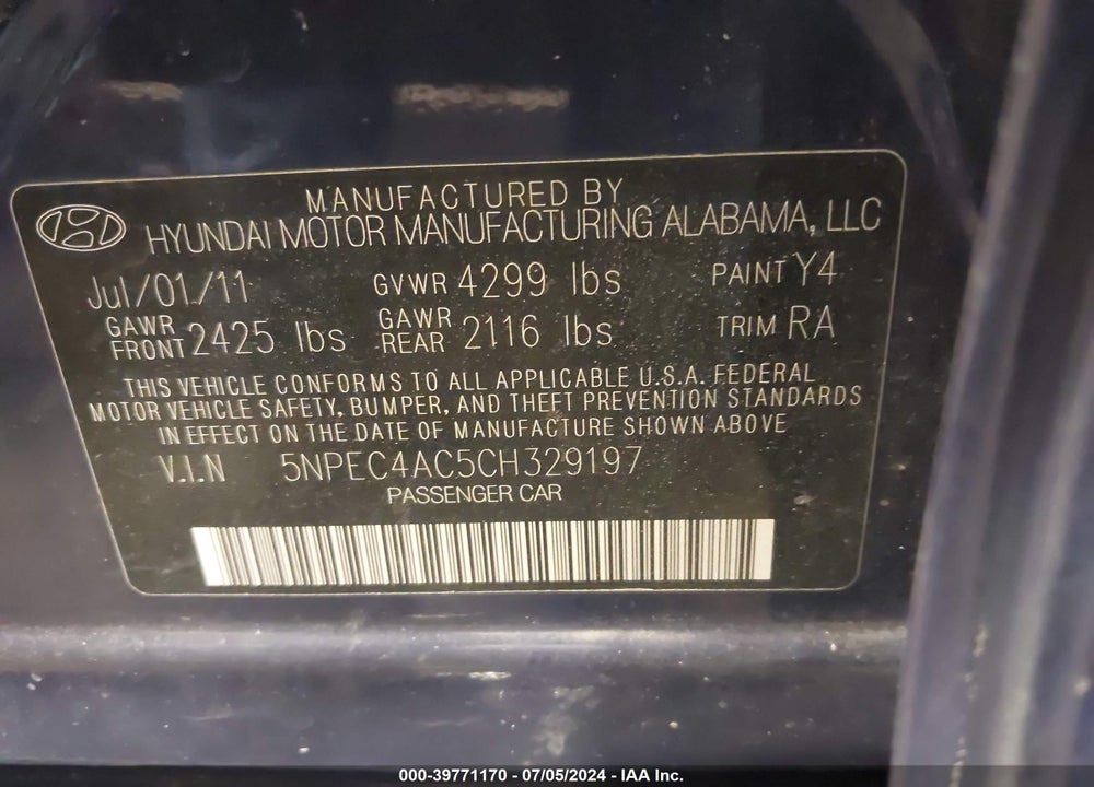 2012 HYUNDAI SONATA SE VIN: 5NPEC4AC5CH329197