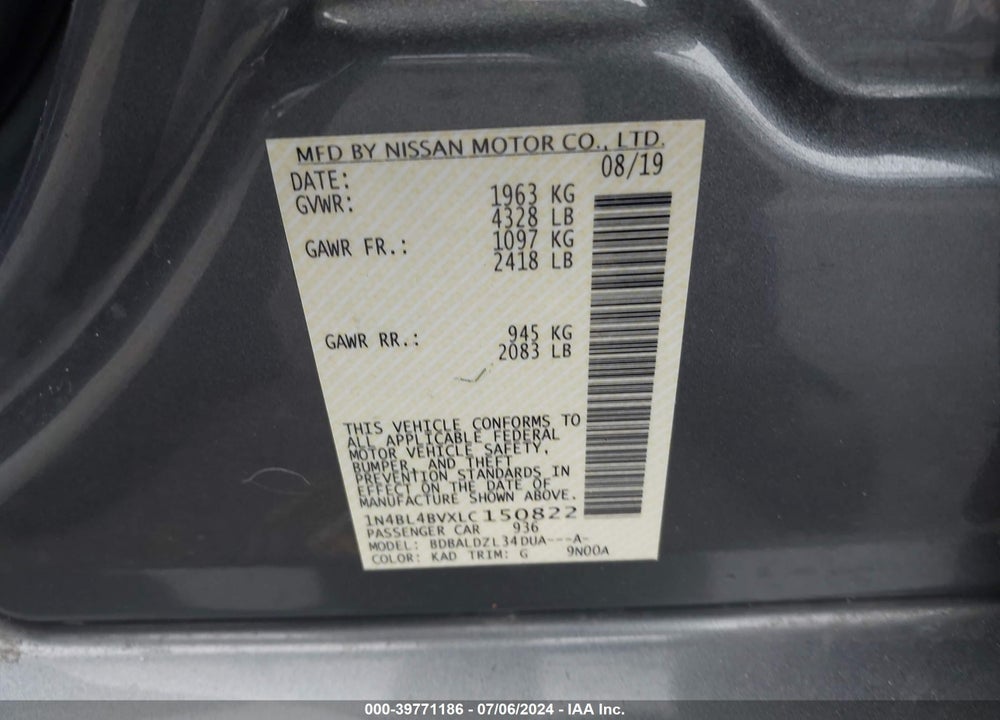 2020 NISSAN ALTIMA S FWD VIN: 1N4BL4BVXLC150822