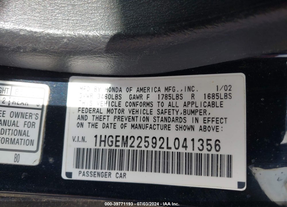 2002 HONDA CIVIC LX VIN: 1HGEM22592L041356