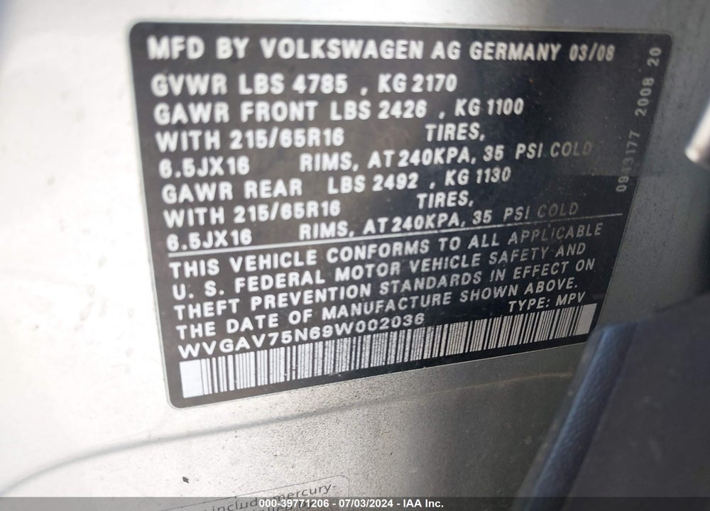 2009 VOLKSWAGEN TIGUAN S/SE/SEL VIN: WVGAV75N69W002036