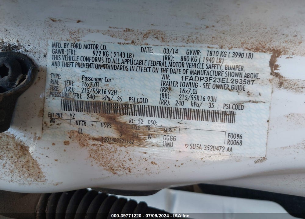 2014 FORD FOCUS SE VIN: 1FADP3F23EL293587