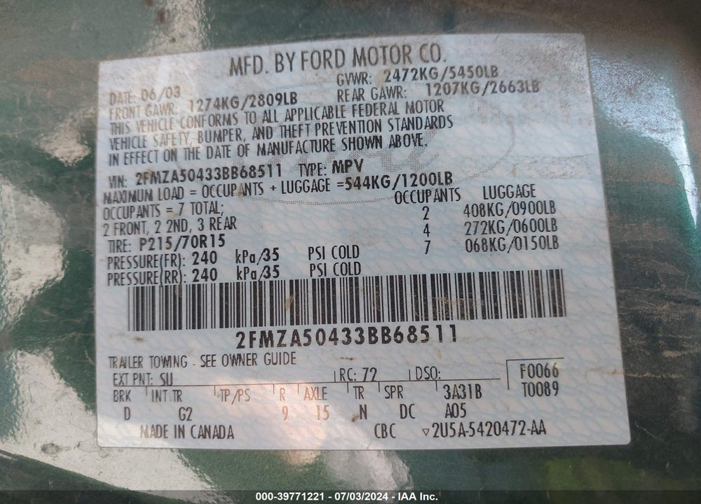 2003 FORD WINDSTAR STANDARD VIN: 2FMZA50433BB68511