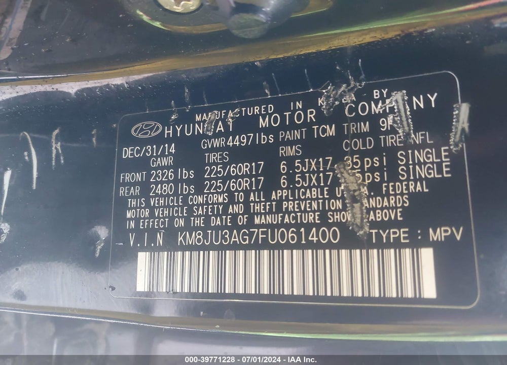 2015 HYUNDAI TUCSON SE VIN: KM8JU3AG7FU061400