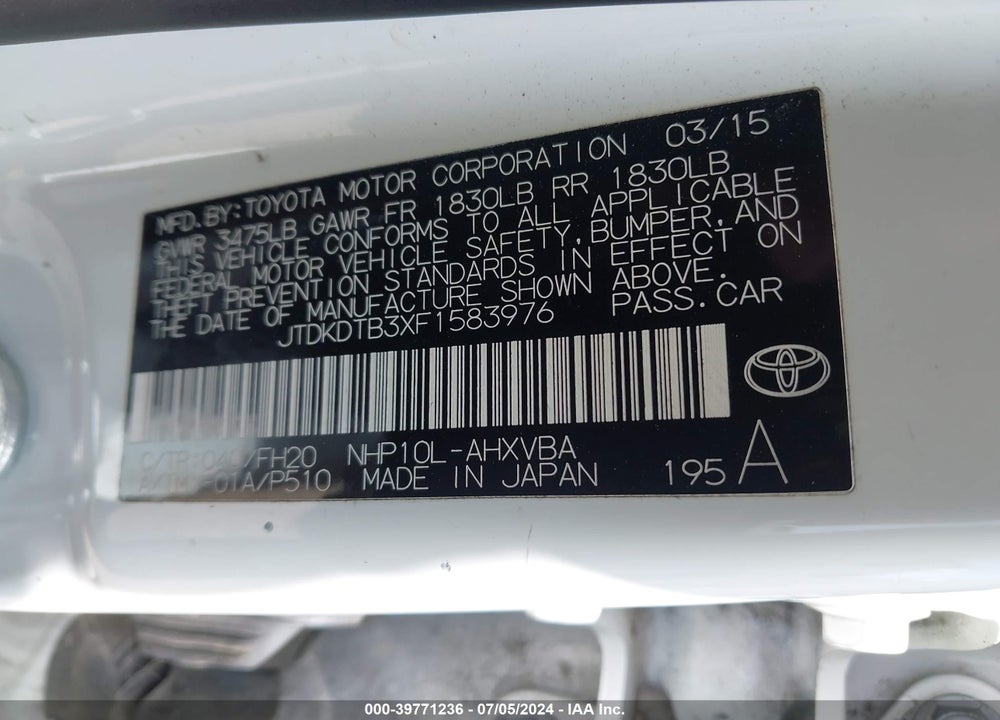 2015 TOYOTA PRIUS C ONE VIN: JTDKDTB3XF1583976