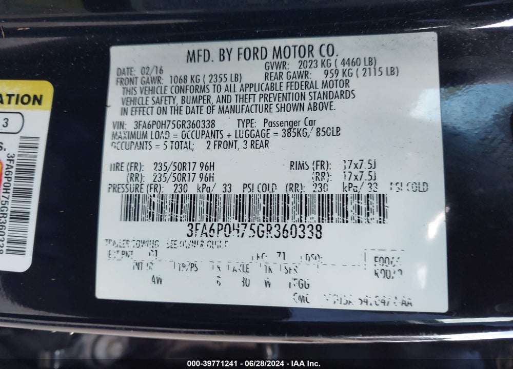 2016 FORD FUSION SE VIN: 3FA6P0H75GR360338