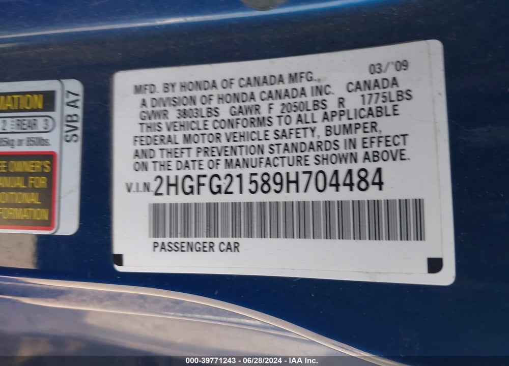 2009 HONDA CIVIC SI VIN: 2HGFG21589H704484