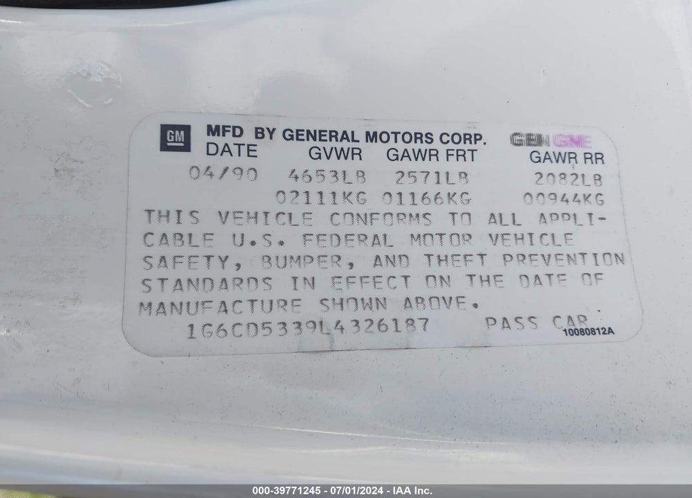1990 CADILLAC DEVILLE VIN: 1G6CD5339L4326187