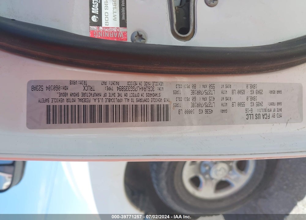 2016 RAM 2500 TRADESMAN VIN: 3C6UR4HJ7GG335894