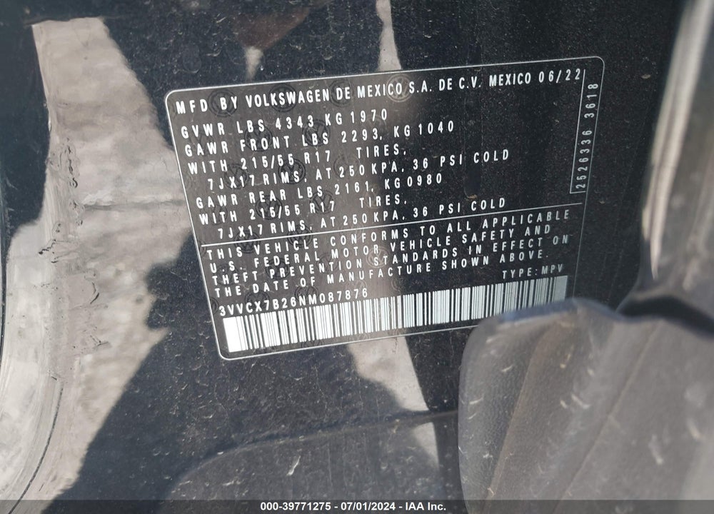 2022 VOLKSWAGEN TAOS 1.5T S VIN: 3VVCX7B26NM087876