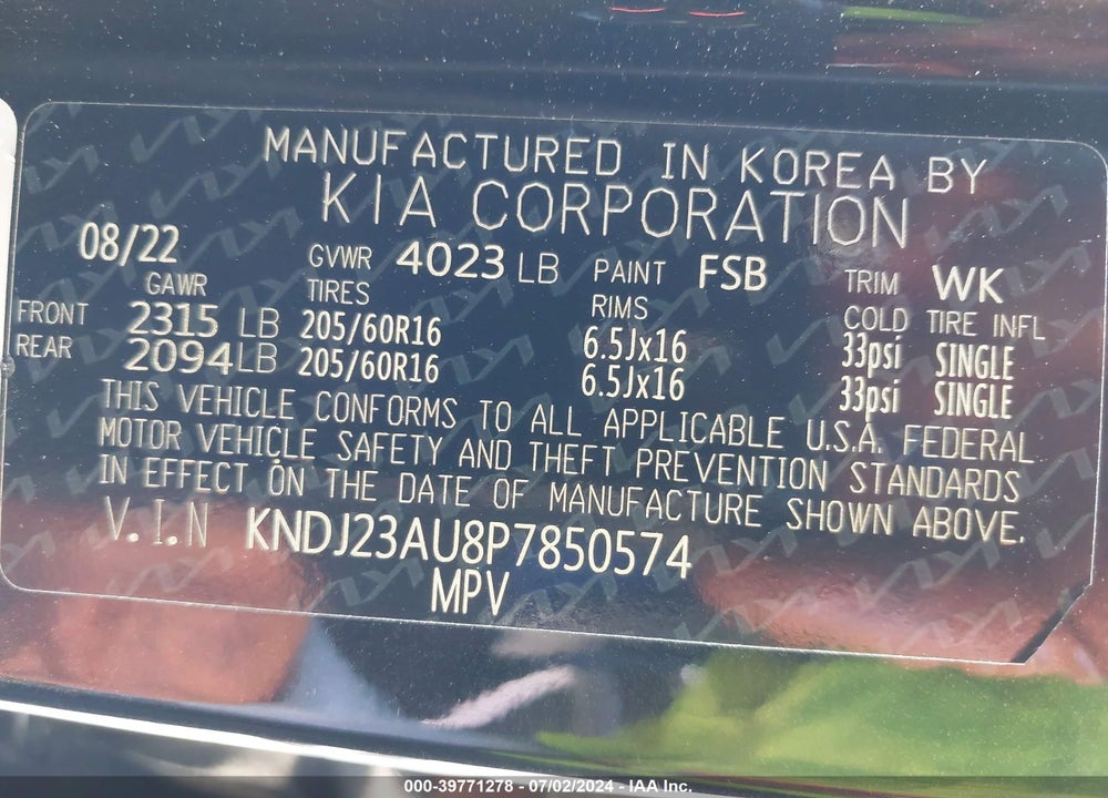 2023 KIA SOUL !/+/S VIN: KNDJ23AU8P7850574