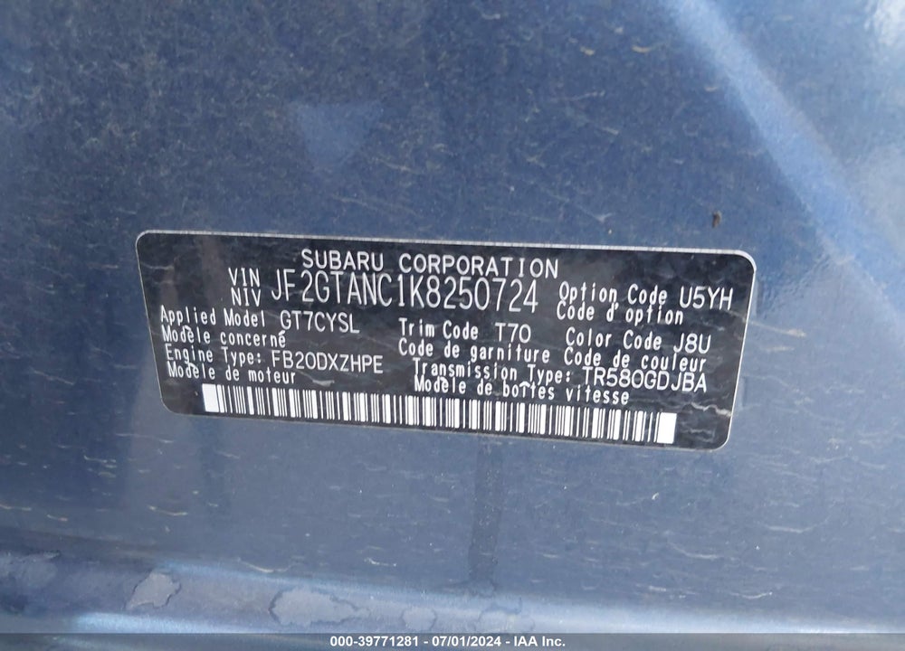2019 SUBARU CROSSTREK 2.0I LIMITED VIN: JF2GTANC1K8250724