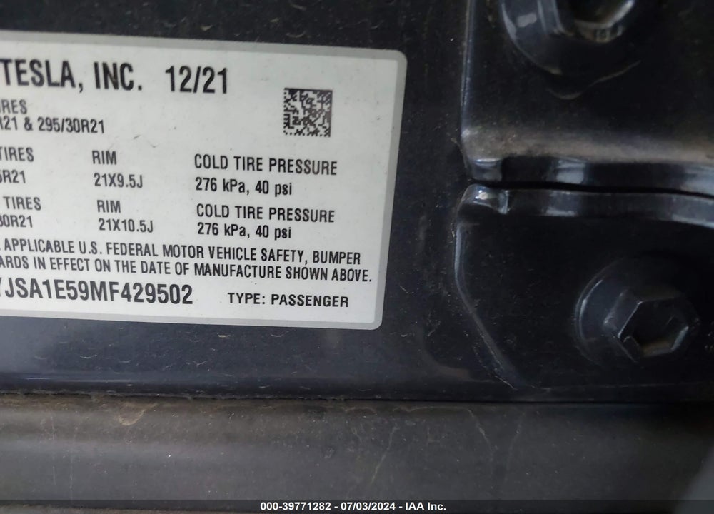 2021 TESLA MODEL S LONG RANGE DUAL MOTOR ALL-WHEEL DRIVE VIN: 5YJSA1E59MF429502