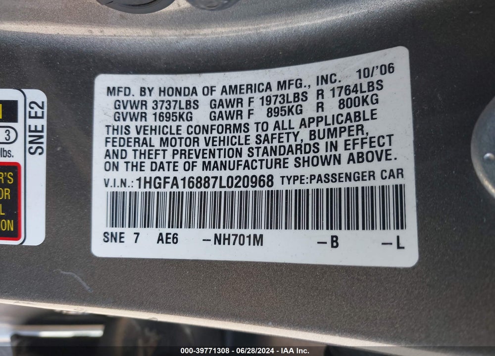 2007 HONDA CIVIC EX VIN: 1HGFA16887L020968