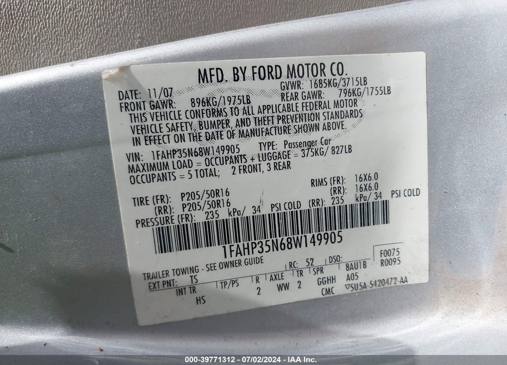 2008 FORD FOCUS SE/SES VIN: 1FAHP35N68W149905