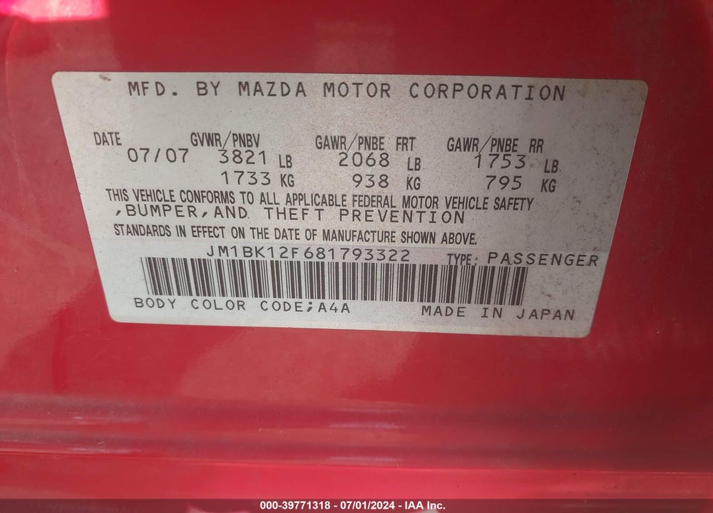 2008 MAZDA 3 I SPORT VIN: JM1BK12F681793322
