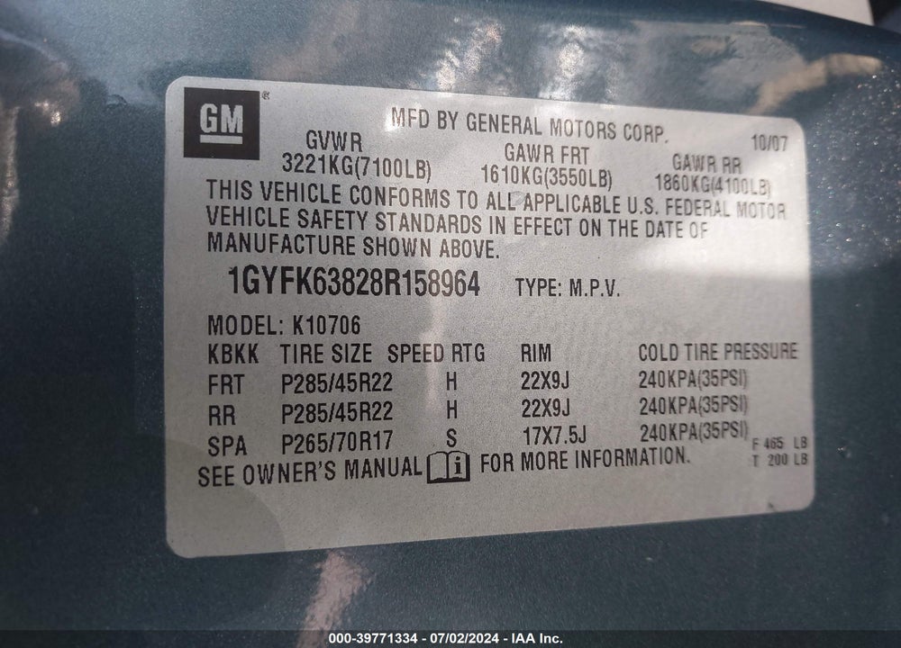 2008 CADILLAC ESCALADE STANDARD VIN: 1GYFK63828R158964