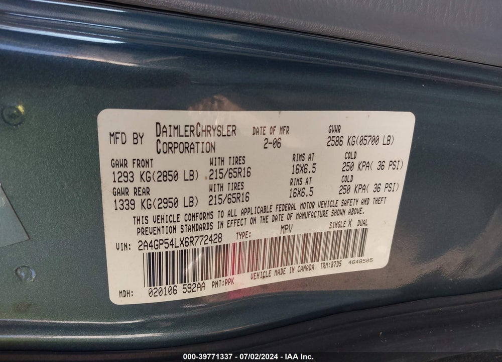 2006 CHRYSLER TOWN & COUNTRY TOURING VIN: 2A4GP54LX6R772428