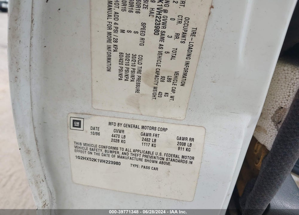 1997 PONTIAC BONNEVILLE SE VIN: 1G2HX52K1VH223980