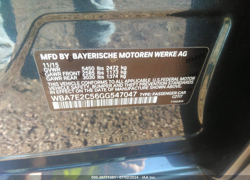 2016 BMW 740I VIN: WBA7E2C56GG547047