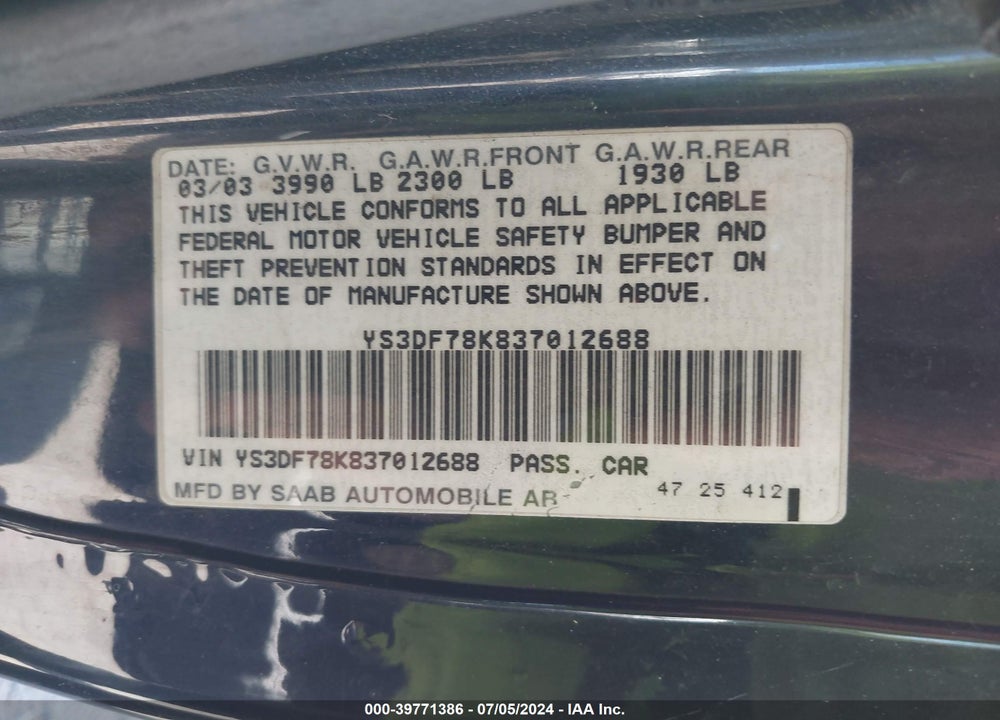 2003 SAAB 9-3 SE VIN: YS3DF78K837012688